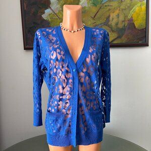 Magaschoni NWT Blue Leopard-Print Button-Down Cardigan